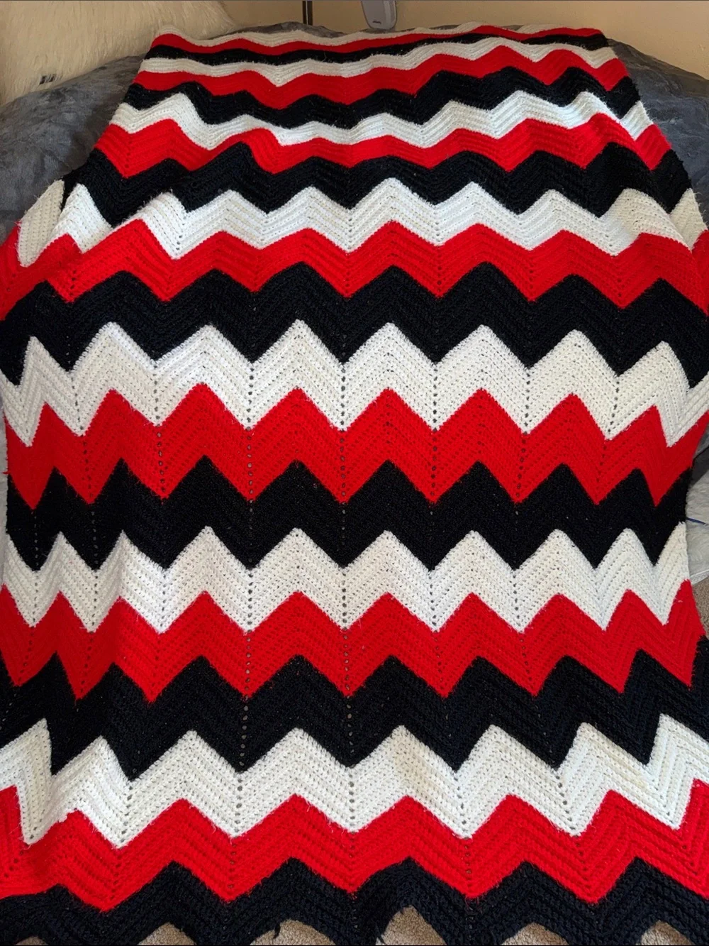 Hand Crafted Red Black White Chevron Crochet Throw Blanket